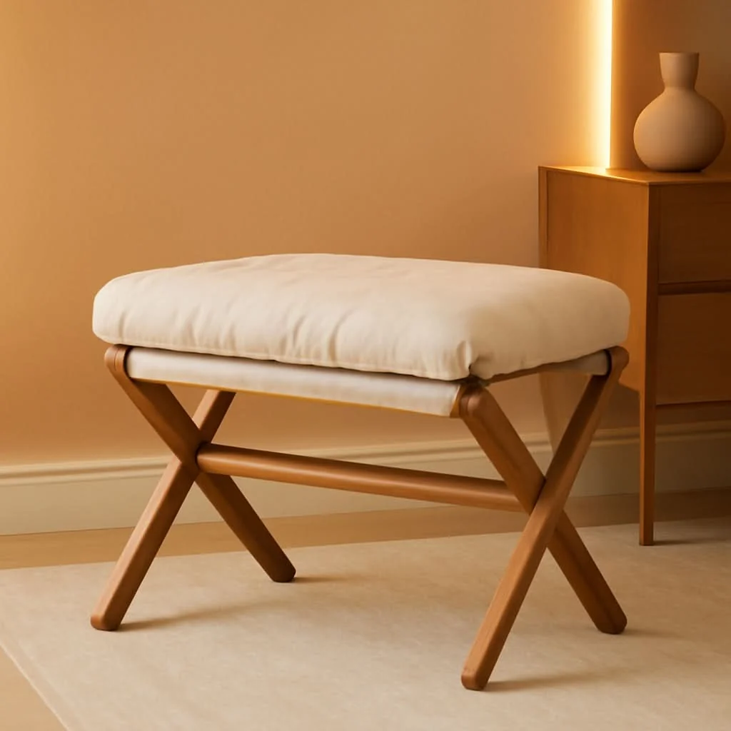 Fine Bamboo Foldable Ottoman Foot Rest Beige Upholstered Solid