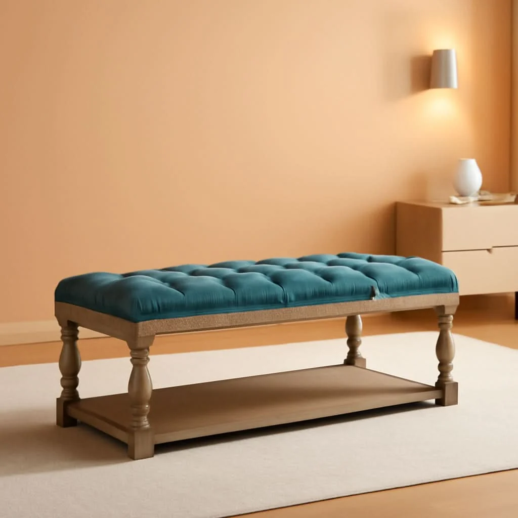 Solid Blue Rectangular Upholstered Ottoman Coffee Table Tray Detailed