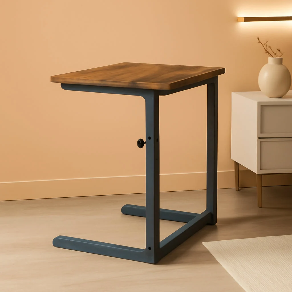 World-Class Height-Adjustable C-Shaped Sofa Table Walnut Brown Modern