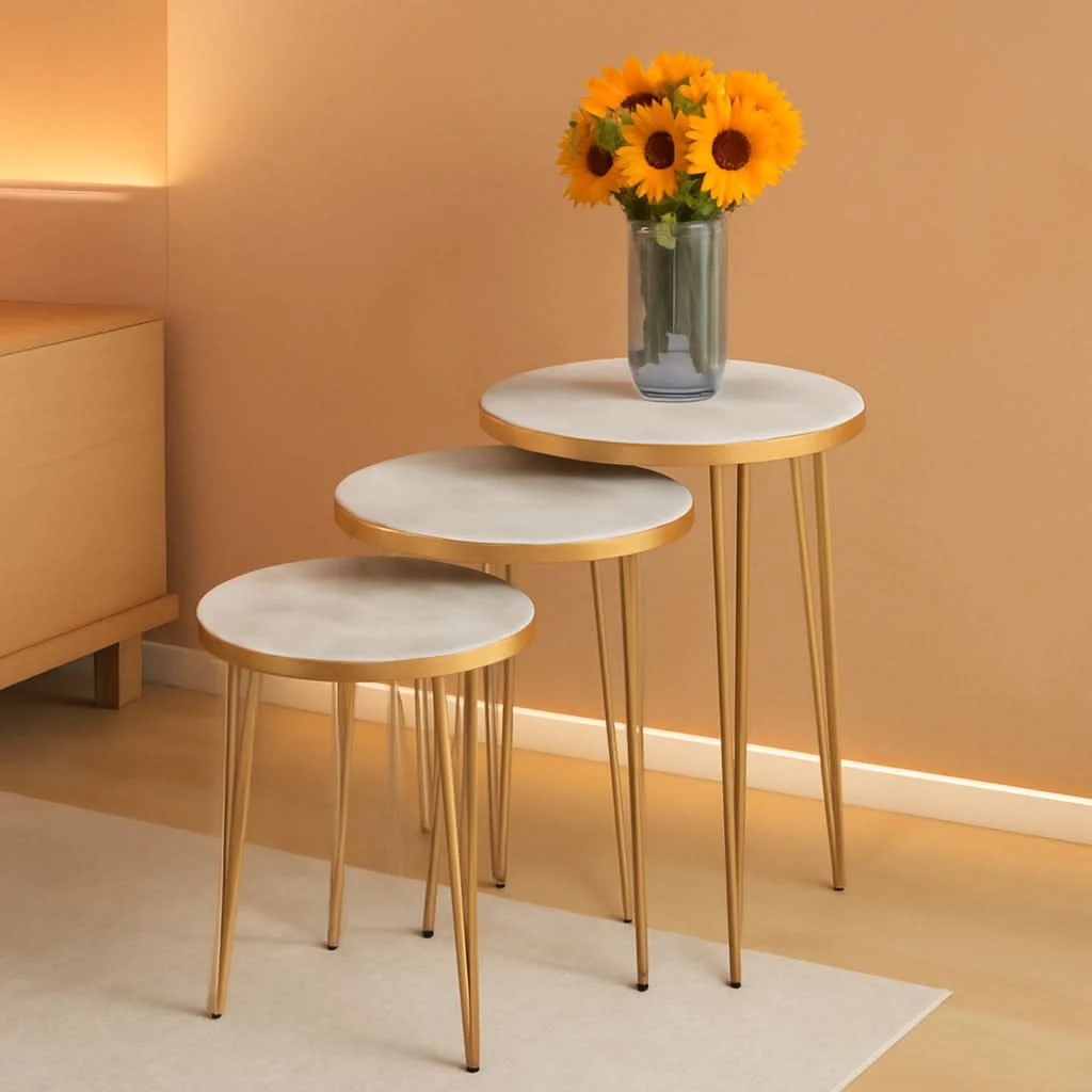 Carefully Designed Three Piece Round Nesting End Tables With Marble Gold Legs Top-Quality