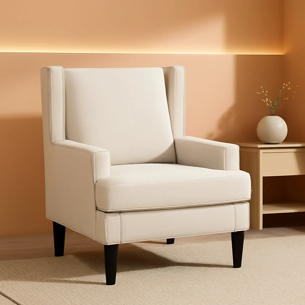 Premium Material Beige Wingback Accent Chair High Backrest Upholstered Breathable