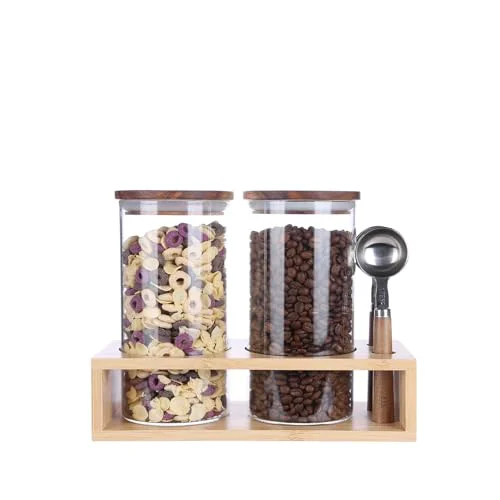 High-Performance KKC HOME ACCNETS Glass Canister Set with Bamboo Rack Scoops 2 Count Original Design