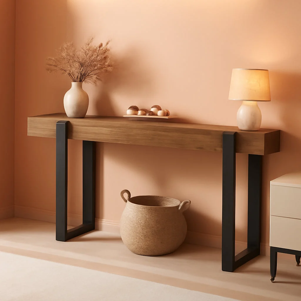 Unique 63-Inch Long Console Table Solid Wood Sofa Table behind the Couch wit Organic