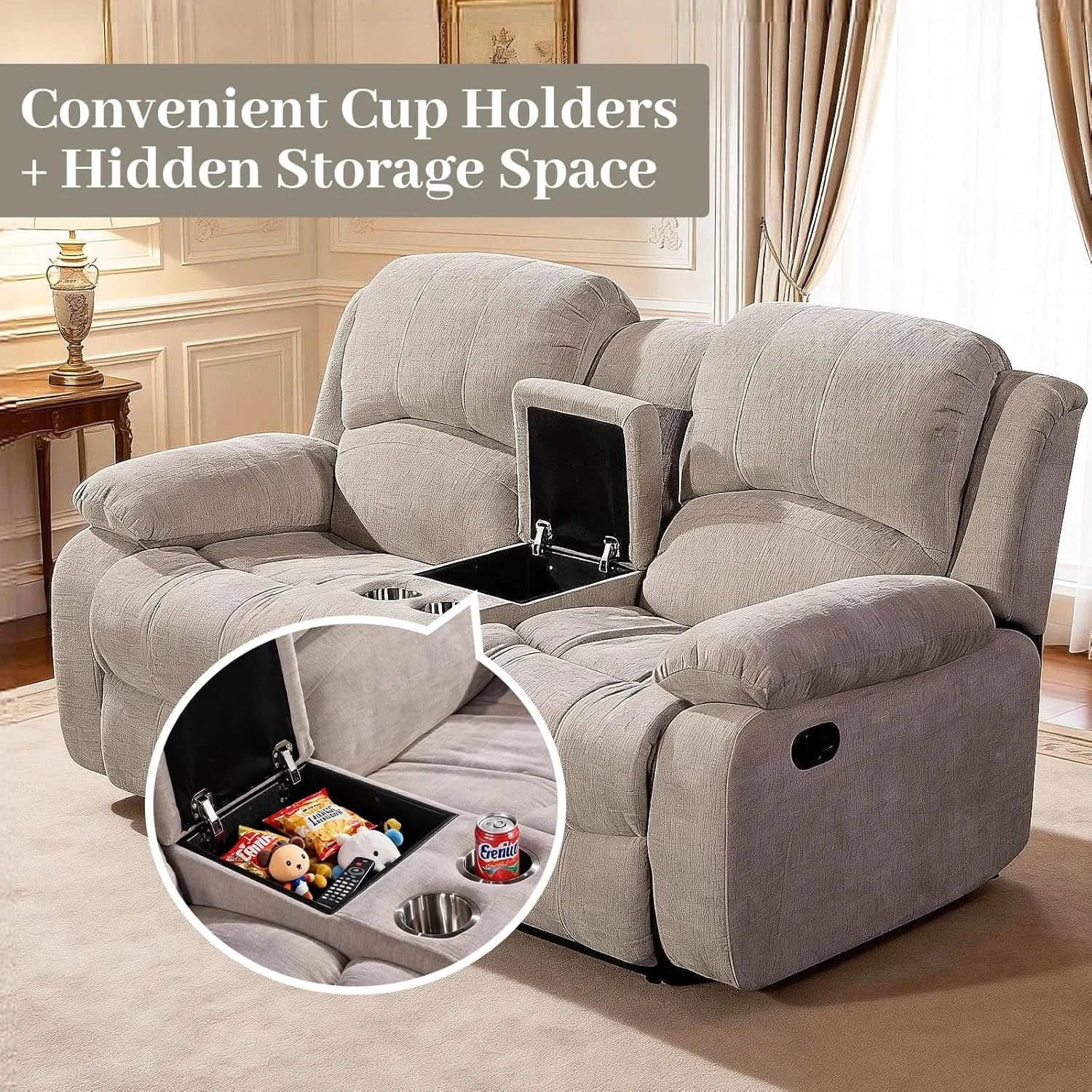 Sophisticated Light Grey Microfiber Reclining Sofa Set Cupholder Official