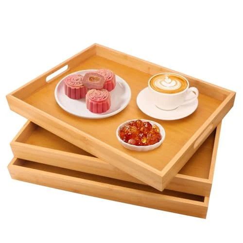 Selected 3 Pack Large Bamboo Serving Tray with Handles 3 Count Natural