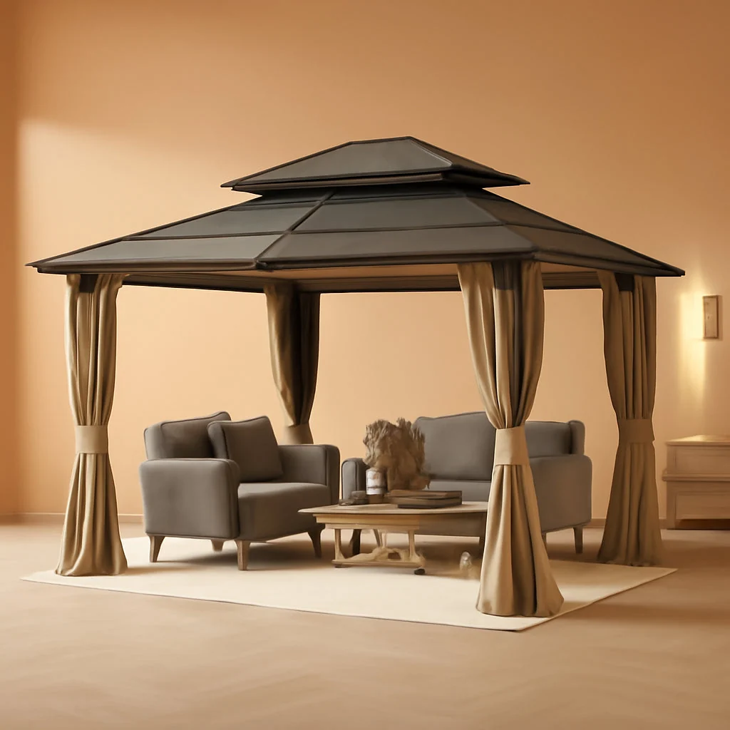Stylish 12×14 Aluminum Gazebo Using Beige Textilene Canopy Pure