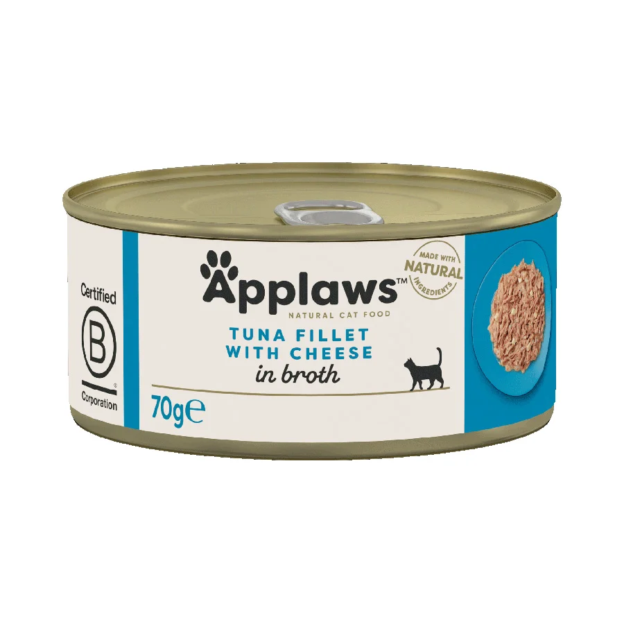 Next-Generation Applaws Natural Wet Adult Cat Food Tuna Fillet with Cheese in Broth 70g Tin Detailed