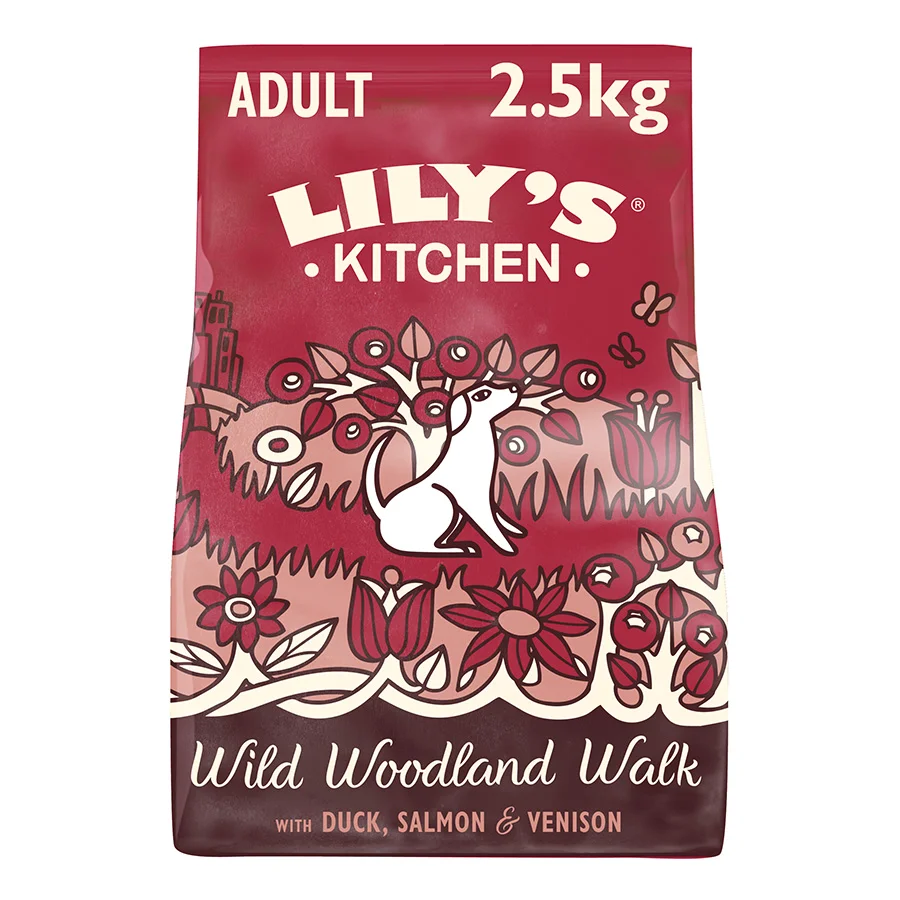 Reusable Lily x27 s Kitchen Wild Woodland Walk Adult Dry Dog Food Duck， Salmon Venison 2.5kg Artisan