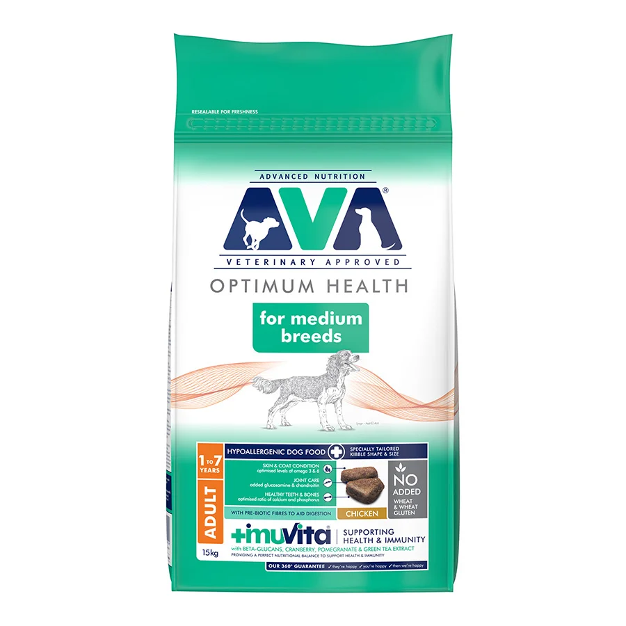 Organic AVA Optimum Health Medium Breed Adult Dry Dog Food Chicken 15kg Reusable