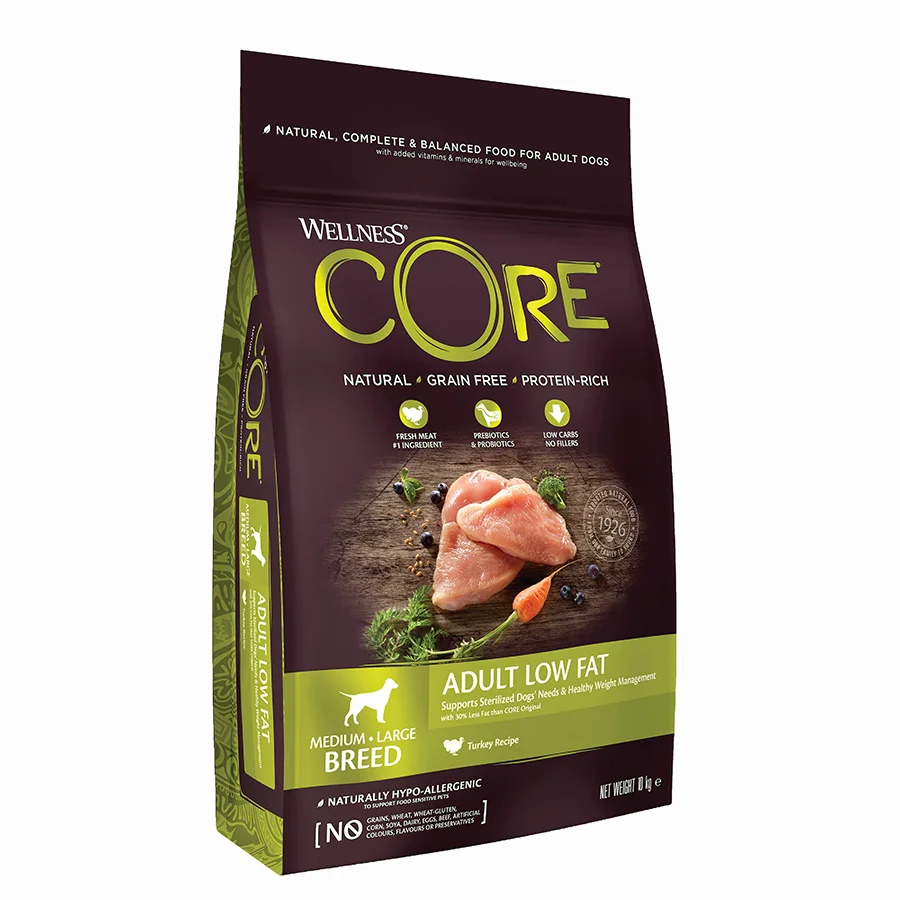 Powerful Wellness Core Low Fat Medium Large Breed Adult Dry Dog Food Turkey 10kg Green