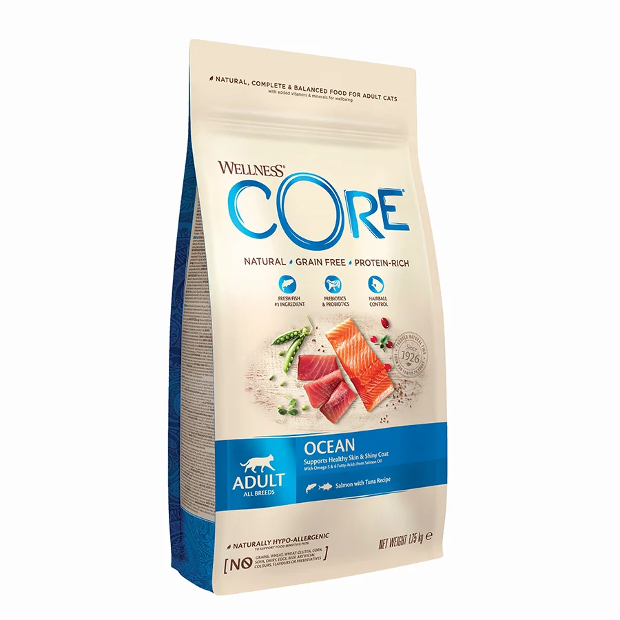 Long-Lasting Wellness Core Complete Grain Adult Cat Dry Food Ocean Salmon with Tuna 1.75kg Environmentally Friendly