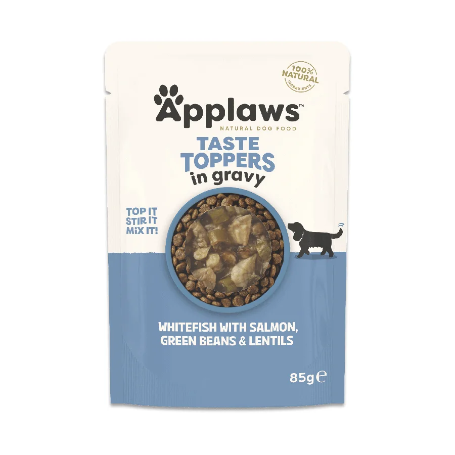 Soft Applaws Taste Toppers Wet Dog Food Whitefish， Salmon Veg Gravy 85g Advanced
