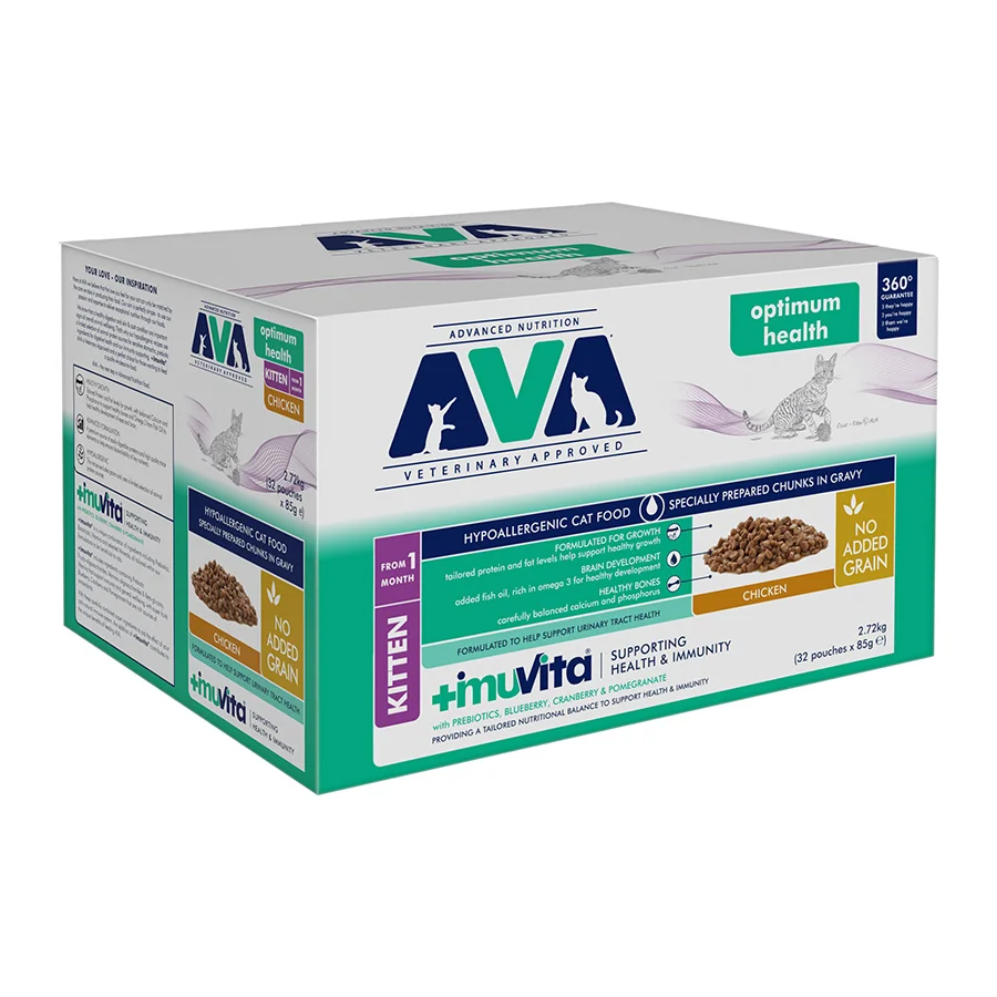 Green AVA Optimum Health Wet Kitten Cat Food Chicken 32x85g Clean