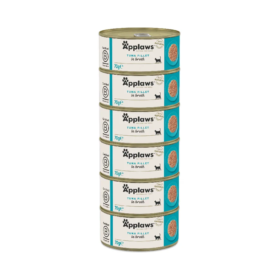 Certified Applaws Natural Wet Adult Cat Food Tuna Fillet in Broth 6x70g Tins Long-Lasting