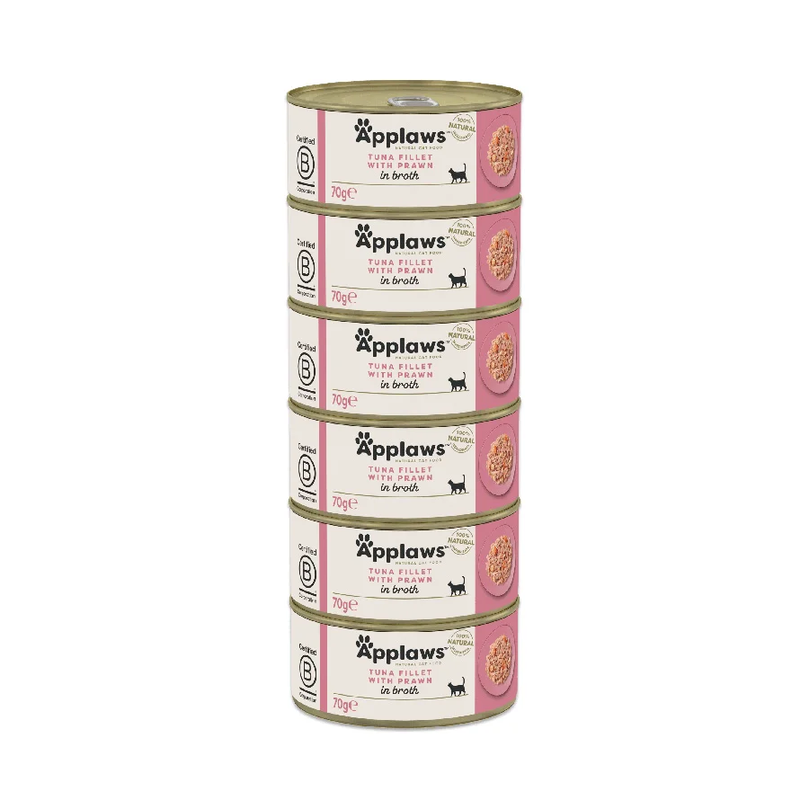 Effective Applaws Natural Wet Adult Cat Food Tuna Fillet with Prawn in Broth 6x70g Tins Expertly Made