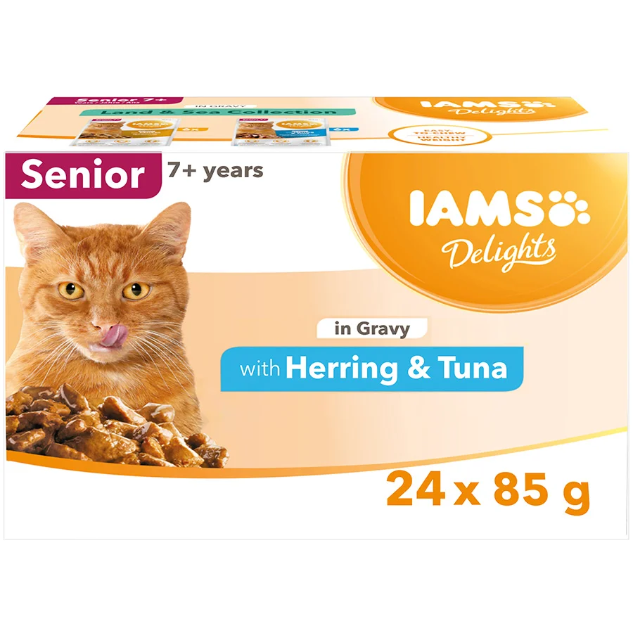 Fine Iams Delights Senior Wet Cat Food Herring Tuna in Gravy 24x85g Excellent
