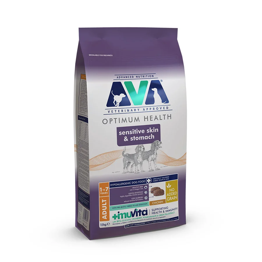 Enhanced AVA Sensitive Skin Stomach Adult Dry Dog Food Chicken 15kg Easy-to-Use