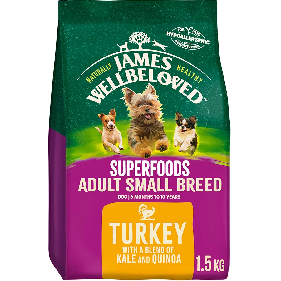 Expertly Made James Wellbeloved Superfoods Small Breed Adult Dry Dog Food Turkey Kale 1.5kg Secure