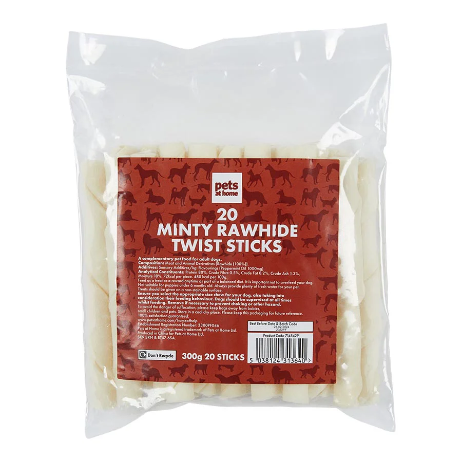 Responsible Pets at Home Minty Rawhide Twist Sticks Dog Treats 20 Pack 300g Natural