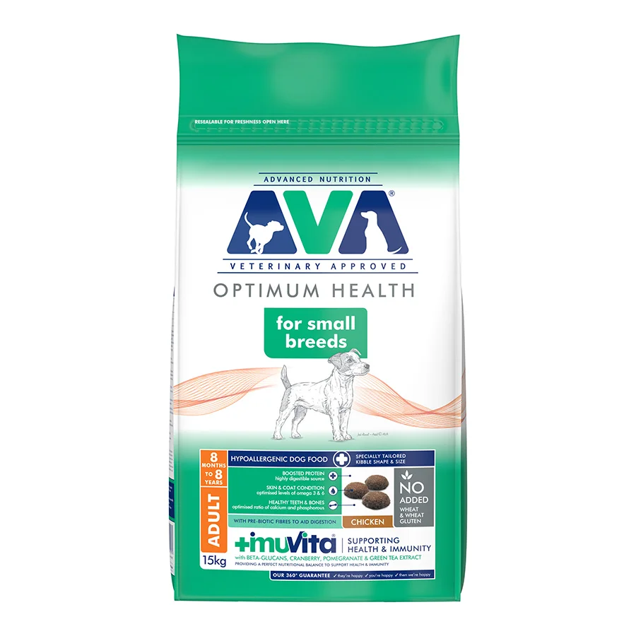 Casual AVA Optimum Health Small Breed Adult Dry Dog Food Chicken 15kg Relaxed