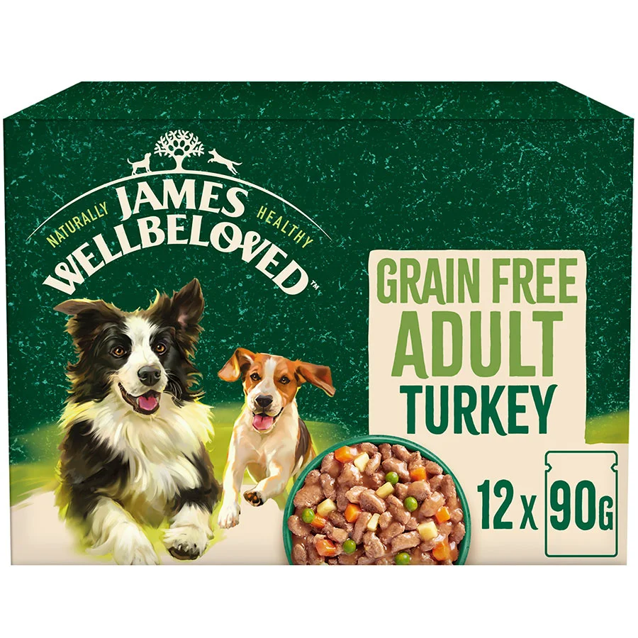 Stylish James Wellbeloved Grain Wet Adult Dog Food Turkey in Gravy 12x90g Pouches Convenient