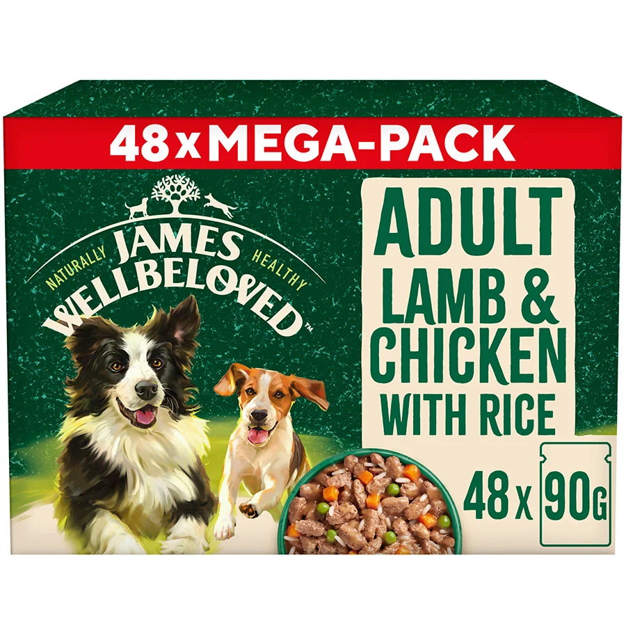 Premium Material James Wellbeloved Adult Wet Dog Food Lamb， Chicken Rice Mega Pack 48x90g Pouches Fashionable