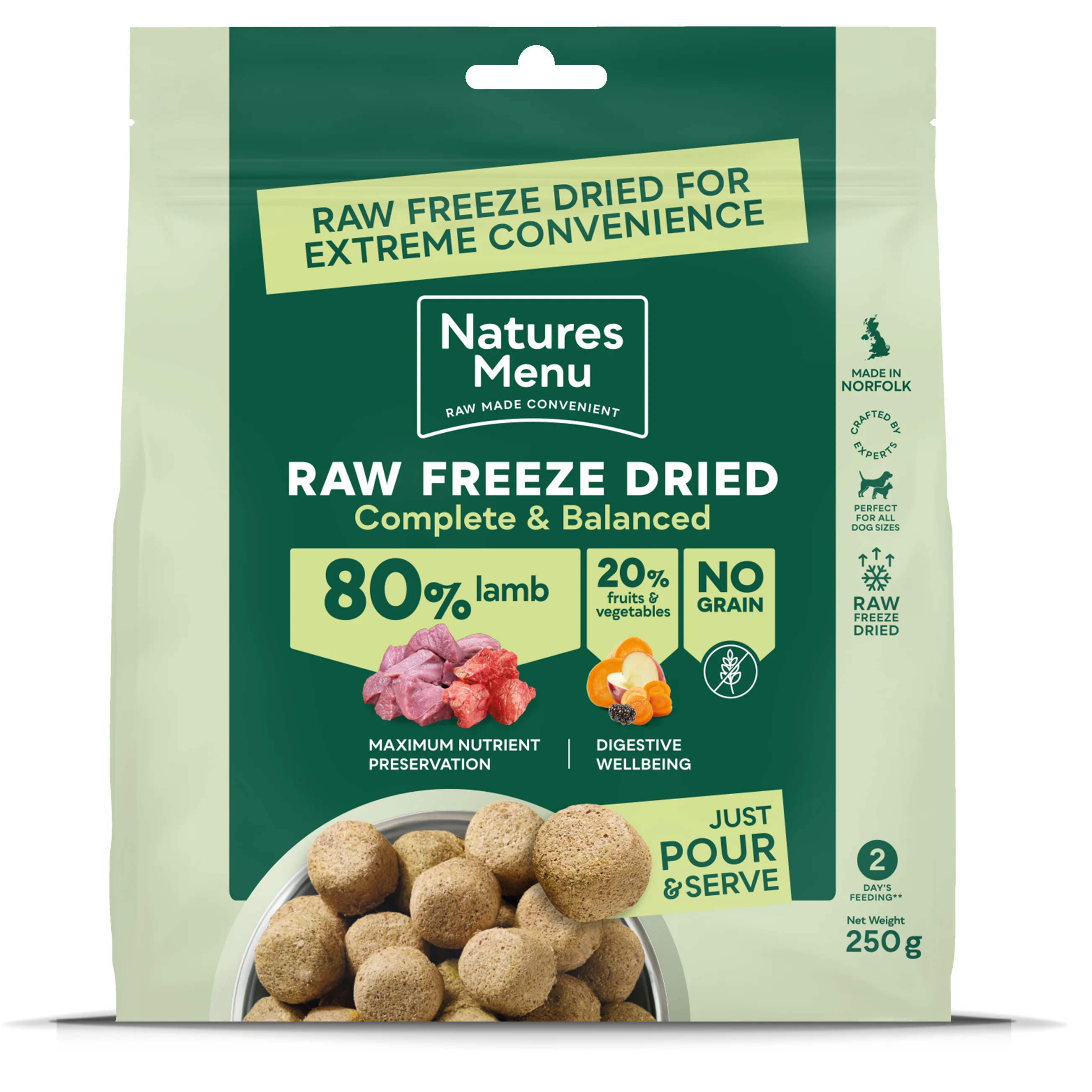 Unique Natures Menu Raw ze Dried Adult Dog Food Lamb 250g Premium