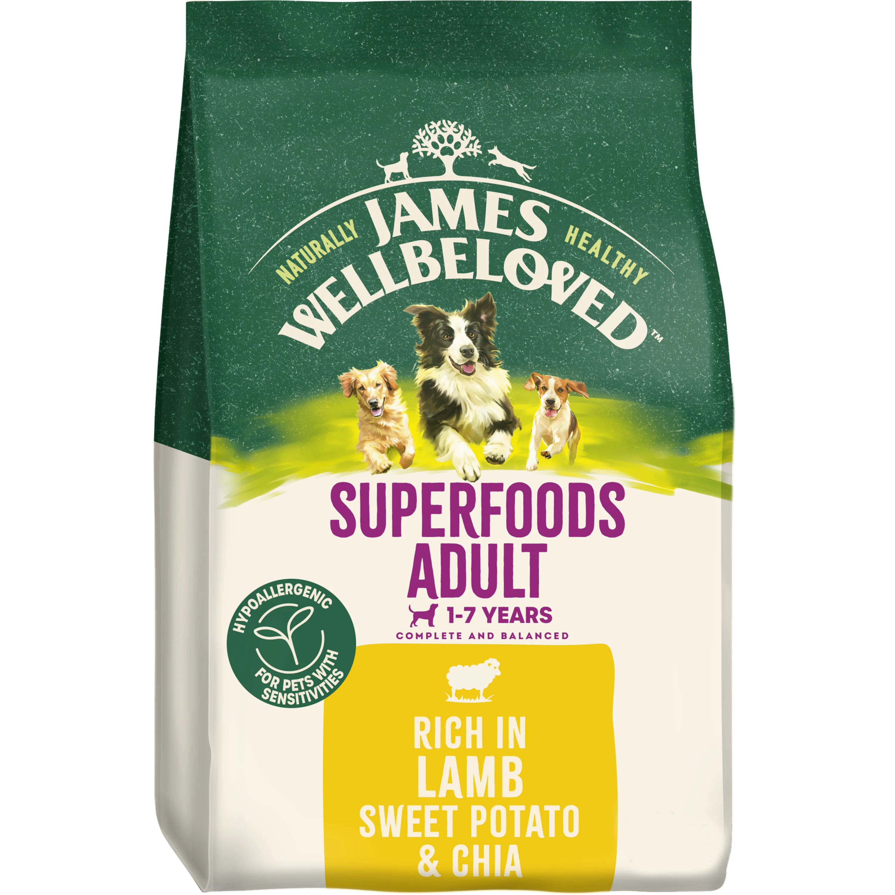 Premium James Wellbeloved Superfoods Adult Dry Dog Lamb， Sweet Potato Chia Clean