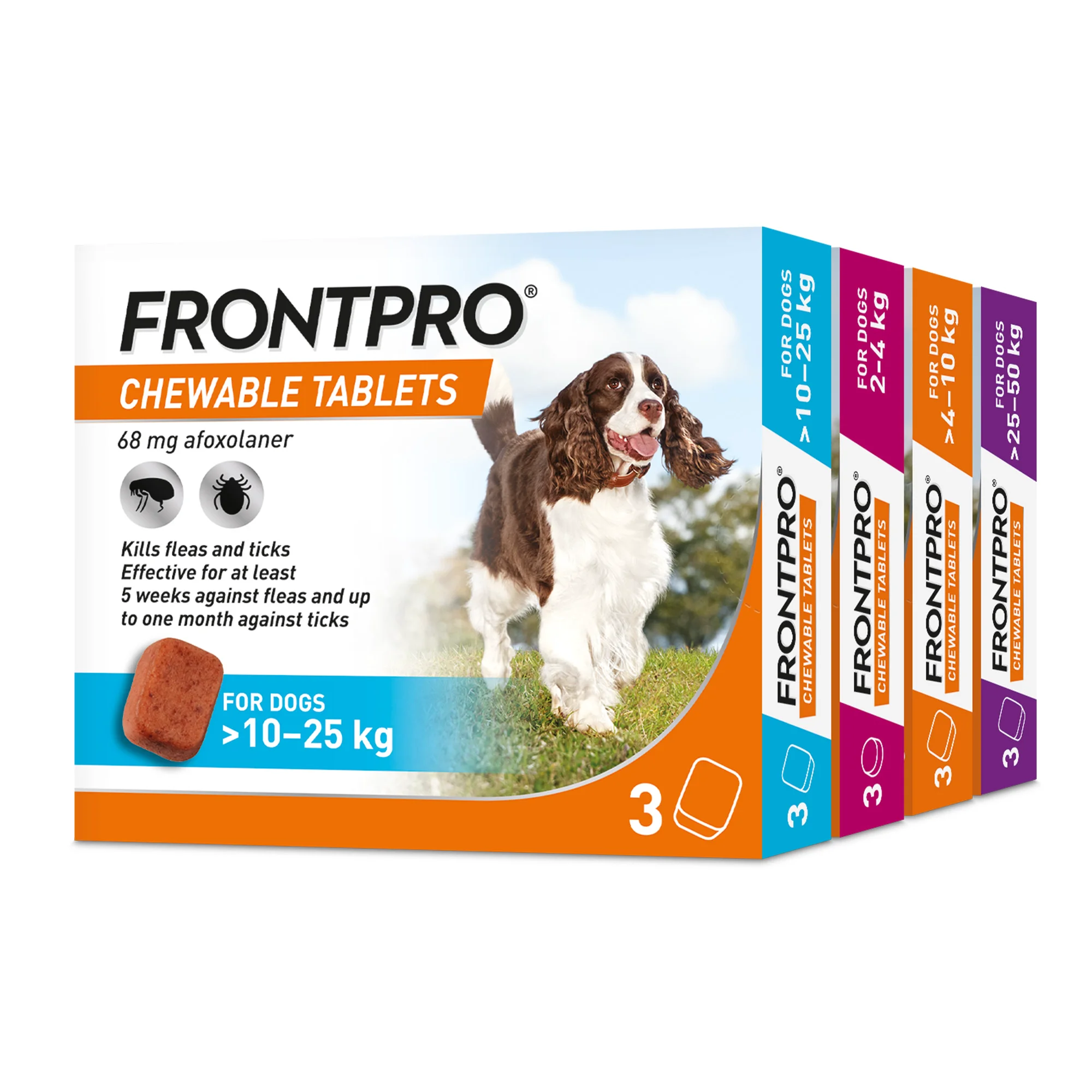 Green FRONTPRO Chewable Tablets Flea Tick Treatment for Dogs x3 Comfortable